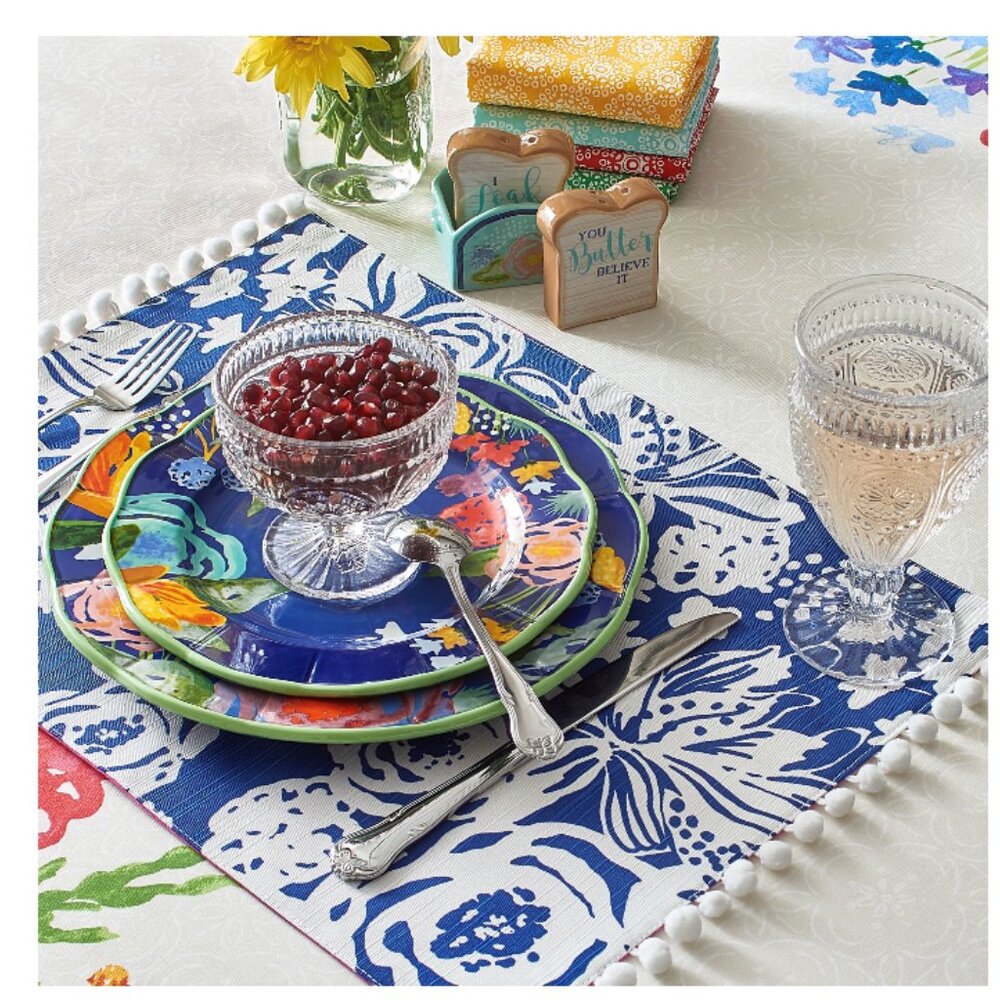 4 Pioneer Woman Placemats Celia Pom Pom 14x19 Reversible Cobalt Blue Pink Floral - Picture 4 of 9